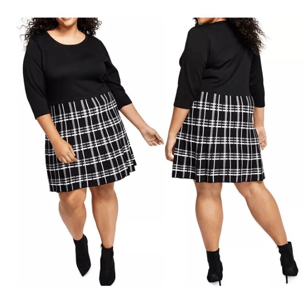 BCX Women's Trendy Plus Size Plaid Fit & Flare Sweater Dress 1X